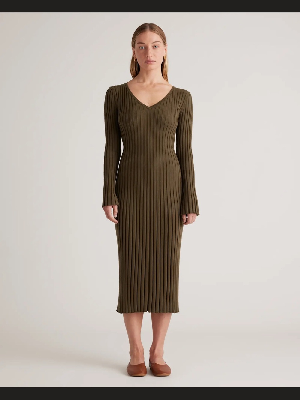 Quince Cotton Cashmere Ribbed V-Neck Midi Dress Olive